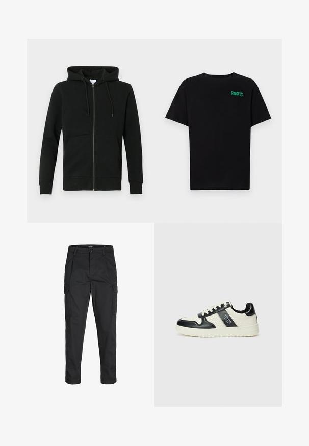 Black zip-up hoodie with front pockets and drawstring hood, long sleeves, and ribbed cuffs and hem on a plain background.; Black t-shirt made of cotton with short sleeves. Features a green "ROOTS" logo on the front, round neckline, and standard fit.; Black cargo pants made of sturdy fabric, featuring multiple pockets, a button closure, and a slim fit design with tapered legs.; Leather sneakers with a black and cream color scheme, featuring perforated accents, a padded collar, and a textured outsole.