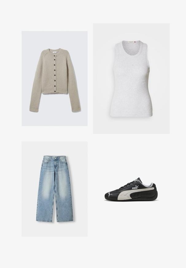 Beige knitted cardigan with long sleeves, round neck, ribbed cuffs and hem, and a central row of black buttons. Label reads "WEEKDAY."; Light gray ribbed tank top with a round neckline and no sleeves. Features a fitted design and subtle logo near the center. Soft texture.; Light blue denim wide-leg jeans with a high waist, featuring a faded finish, five pockets, and a straight cut.; Black leather sneakers with a textured gray suede stripe, featuring white logo accents and a lace-up design, rounded toe, and rubber sole.