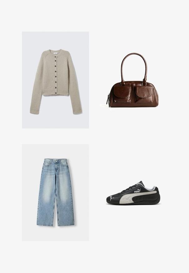 Beige knitted cardigan with long sleeves, round neck, ribbed cuffs and hem, and a central row of black buttons. Label reads "WEEKDAY."; Light gray ribbed tank top with a round neckline and no sleeves. Features a fitted design and subtle logo near the center. Soft texture.; Light blue denim wide-leg jeans with a high waist, featuring a faded finish, five pockets, and a straight cut.; Black leather sneakers with a textured gray suede stripe, featuring white logo accents and a lace-up design, rounded toe, and rubber sole.; Brown leather handbag with two front flap pockets, rounded handles, and a zipper on the side against a white background.