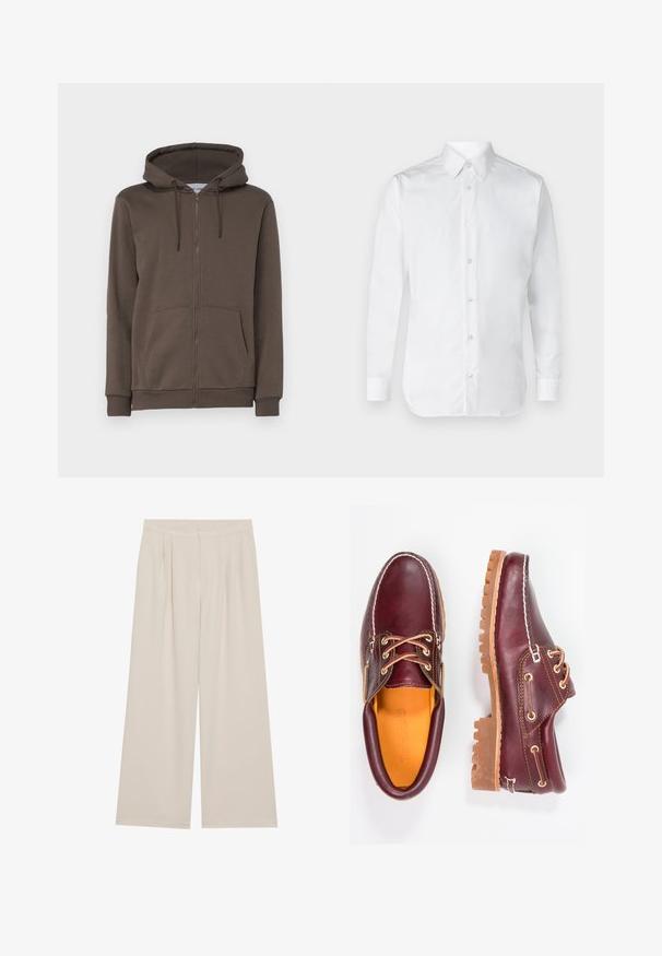 Only & Sons ONSCERES LIFE HOODIE - Džemperis su gobtuvu - major brown; Balta marškiniai su ilgomis rankovėmis, pagaminti iš lygaus medvilnės audinio, su klasikiniu apykaklės dizainu ir subtiliu blizgesiu. Penki mygtukai priekyje.; Bežiniai plačių kojų kelnes su lygiu priekiu, raukiniais ir elastinga juostele. Pagamintos iš lengvos medžiagos su glotnia tekstūra.; Burgundi odiniai bateliai su rudais guminiais padais, apvaliu pirštu, balta siūle ir auksiniais inkarais. Interjere yra geltonas pamušalas.