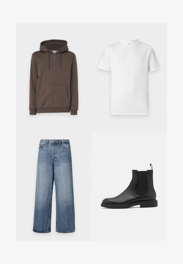 Only & Sons ONSCERES LIFE HOODIE - Felpa con cappuccio - major brown; T-shirt bianca a maniche corte realizzata in morbido cotone. Presenta un collo rotondo e un orlo dritto con dettagli minimi.; Jeans in denim blu a gamba larga con lavaggio sbiadito, design a cinque tasche e chiusura con bottone. Dotati di passanti per cintura e dettagli cuciti.; Stivale alla caviglia in pelle nera con texture liscia, pannelli laterali elastici e una linguetta per il tallone. Punta rotonda e suola piatta in gomma con minimo battistrada.