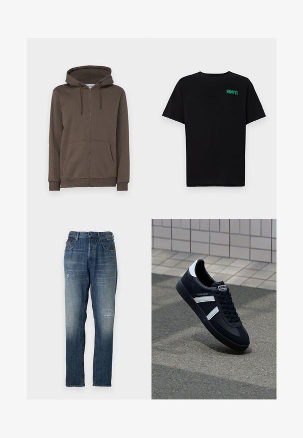 Only & Sons ONSCERES LIFE HOODIE - Majica s kapuljačom - major brown; Crna majica kratkih rukava od pamuka. Na prednjem dijelu se nalazi zeleni "ROOTS" logo, okrugli izrez i standardni kroj.; Traperice u izblijedelo plavoj boji, ravnog kroja, s umjerenim oštećenjima sprijeda i klasičnim pet džepovima.; Crne kožne tenisice s bijelim prugama, strukturirana gumena potplate i vezanjem sprijeda. Ima oznaku brenda na jeziku.