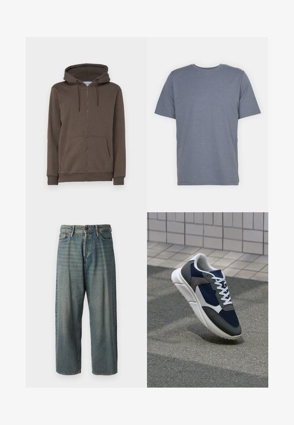 Only & Sons ONSCERES LIFE HOODIE - Φούτερ με κουκούλα - major brown; Γκρι κοντομάνικη μπλούζα με στρογγυλή λαιμόκοψη, φτιαγμένη από μαλακό ύφασμα μείγματος βαμβακιού. Απλός σχεδιασμός, χωρίς μοτίβα ή λεπτομέρειες.; Ανοιχτό μπλε τζιν παντελόνι με χαλαρή γραμμή, μέση μέσου ύψους και ευθείες γραμμές. Περιλαμβάνει πέντε τσέπες, θηλιές ζώνης και κούμπωμα με κουμπί.; Αθλητικά παπούτσια με επάνω μέρος από ναυτικό μπλε διχτυωτό ύφασμα, γκρι σουέτ λεπτομέρειες, λευκή καουτσούκ σόλα και επίπεδα λευκά κορδόνια, σχεδιασμένα για άνεση και αερισμό.