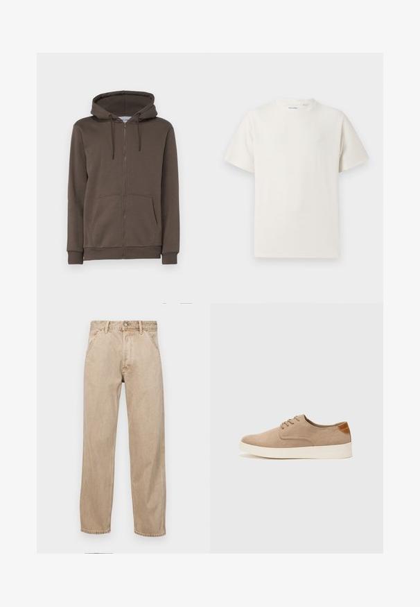 Only & Sons ONSCERES LIFE HOODIE - Jersey con capucha - major brown; Camiseta blanca de manga corta en textura acanalada. Cuello redondo, corte relajado, sin patrones ni acentos visibles. Diseño simple y versátil.; Jeans de mezclilla beige con un diseño de pierna recta, que cuentan con bolsillos frontales, cierre de botón de metal y una textura sutil.; Zapatillas de ante beige con puntera redondeada, cordones en la parte delantera y un acento texturizado en la parte trasera. La suela de goma blanca proporciona contraste. Diseño sencillo y moderno.