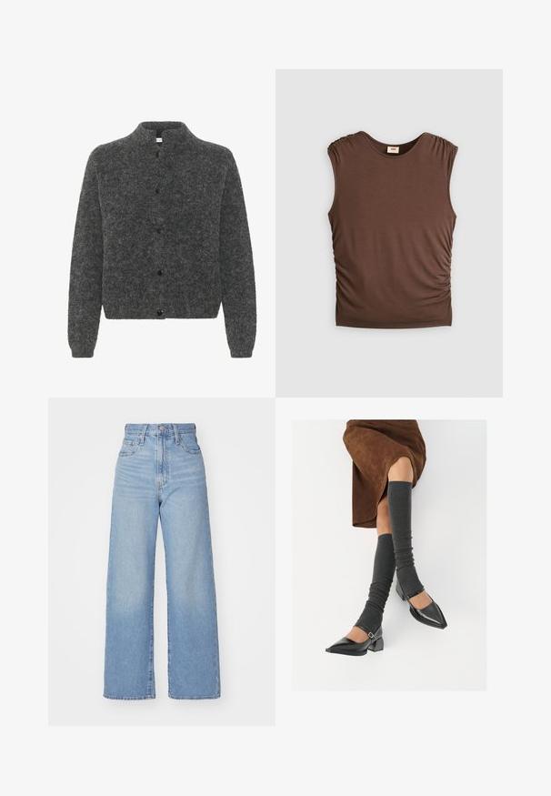 Grijze, donzige cardigan met een staande kraag, voorzien van een knoopsluiting en lange mouwen. Gemaakt van zacht materiaal met een gestructureerde afwerking.; Bruine mouwloze top van zacht materiaal, met gathered schouders en geplooide details aan de zijkanten, naadloze hals en een aansluitende pasvorm.; Lichtblauwe high-waist wijde jeans met een knoop- en ritssluiting aan de voorkant, voor- en achterzakken, op een witte achtergrond.; Zwarte gepatineerde leren pumps met een puntige neus, een blokhak en een enkelbandje, gecombineerd met grijze geribde beenwarmers en een bruine suède rok.