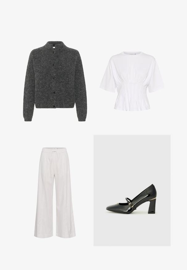 Grå, fuzzy cardigan med oppreist krage, med knapplukking og lange ermer. Laget av mykt materiale med en teksturert overflate.; Hvit kortermet topp laget av myk stoff, med rund hals og rynket detalj ved midjen for en tettsittende look.; Bredde ben bukser i myk hvit stoff, med elastisk midje og snøring, glatt tekstur og uten ytterligere dekorasjoner.; Sorte patentlæder høje hæle med spids tå, ankelrem og guldakcent ved hælen. Kvadratisk blokhæl design.