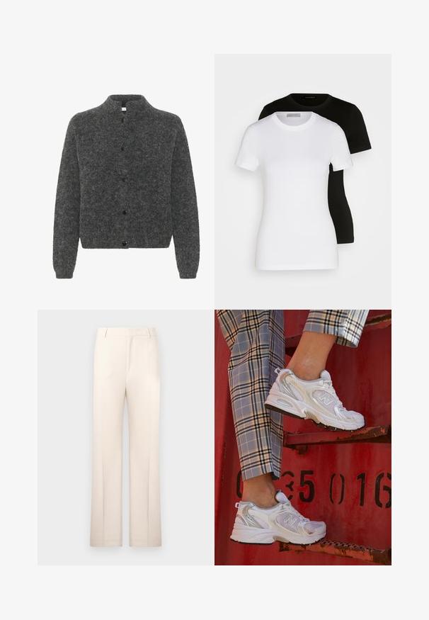 Cardigan gris et duveteux avec un col montant, présentant une fermeture à boutons et des manches longues. Fabriqué à partir d'un matériau doux avec une finition texturée.; Deux T-shirts à manches courtes en noir et blanc. Fabriqués en coton doux, avec un col rond classique et une coupe standard.; Pantalons beige ajustés avec une coupe droite, fabriqués en tissu léger. Dotés de plis avant et d'une taille classique.; Baskets blanches en mesh avec des accents argentés et une semelle texturée, posées sur une surface rouge, assorties à un pantalon à carreaux.