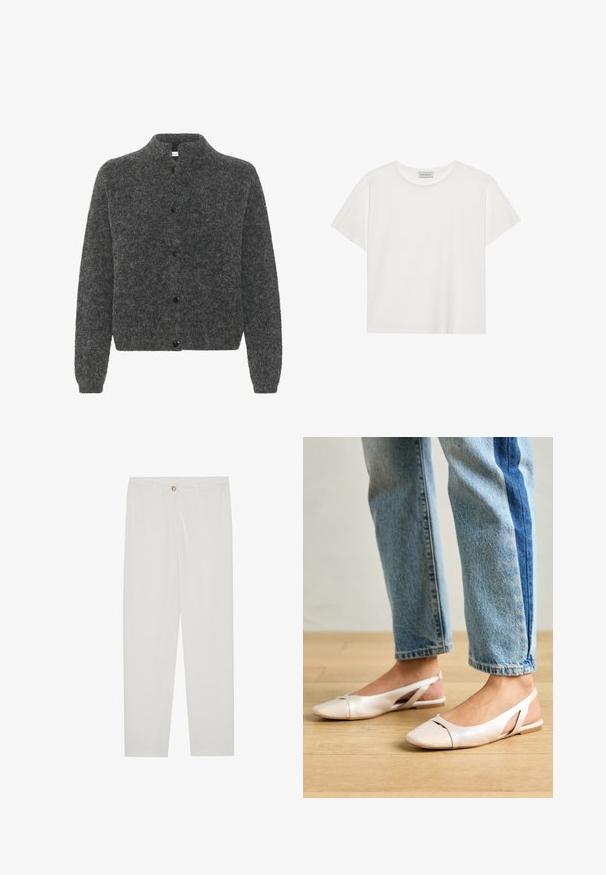 Szary, puszysty kardigan z stójką, z przodem na guziki i długimi rękawami. Wykonany z miękkiego materiału o teksturowanym wykończeniu.; Biała koszulka z krótkim rękawem wykonana z miękkiej bawełny. Posiada okrągły dekolt i luźny krój. Czysty design bez widocznych wzorów czy akcentów.; Białe, dopasowane spodnie z prostymi nogawkami, posiadające zapięcie na guzik, szlufki na pasek oraz kieszenie boczne; gładka tekstura materiału.; Jasnoróżowe baleriny na odkrytej pięcie z wąskim noskiem, wykonane z gładkiego materiału imitującego skórę. Posiadają wycięcia po bokach oraz płaski obcas.