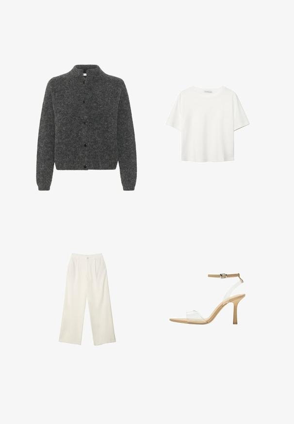 Szary, puszysty kardigan z stójką, z przodem na guziki i długimi rękawami. Wykonany z miękkiego materiału o teksturowanym wykończeniu.; Biała koszulka z krótkim rękawem, wykonana z bawełny. Posiada okrągły dekolt i luźny krój. Gładka faktura bez widocznych wzorów czy akcentów.; Spodnie z szerokimi nogawkami w kremowej tkaninie o gładkiej fakturze, z pojedynczym guzikiem z przodu, subtelnymi plisami i wysokim stanem.; Przezroczysta sandał z obcasem, z przezroczystą cholewką, beżową wkładką i smukłym paskiem w okolicy kostki. Posiada spiczasty czubek i cienki wysoki obcas.