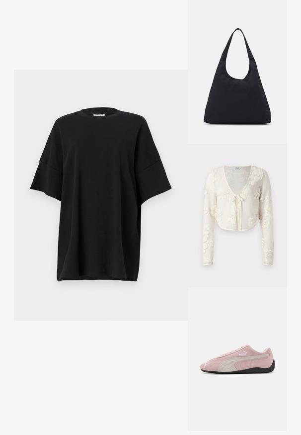 Vit kortärmad tröja med lång ärm, försedd med blommönstrad stickning och knytning fram. Lätt, strukturerad tyg.; Svart oversized t-shirt i bomull, med rund halsringning och korta, vida ärmar som har en mjuk textur och avslappnad passform.; Rosa mockasiner i mocka med grå detaljer, strömlinjeformad design, texturerad ovandel och svart gummisula. Har Puma-logotyp på sidan.; Svart tygväska med en enda, bred axelrem. Mjuk, semi-strukturerad form och slät textur; minimal design utan synlig hårdvara.