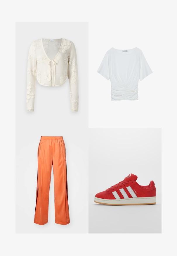 Valkoinen lyhyt neulepusero, jossa on pitkät hihat, kukkakuvioinen neulontasuunnittelu ja nauhakiristys edessä. Kevyt, teksturoitu kangas.; Valkoinen lyhythihainen paita, jossa on rento istuvuus, ja vyötäröllä on poimittu rypytysdesign sekä sileä kangas. Merkki: Anna Field.; Oranssi urheiluhousut, jotka on valmistettu sileästä kankaasta, leveällä lahje-muodolla, joustavalla vyötäröllä ja kontrastivärisin sivuviivojen kanssa.; Punaiset mokkaurheilukengät, joissa on kolme valkoista raidallista, kumipohja, pyöreä kärki ja pehmustettu kieli, kyljessä "CAMPUS"-yksityiskohta.