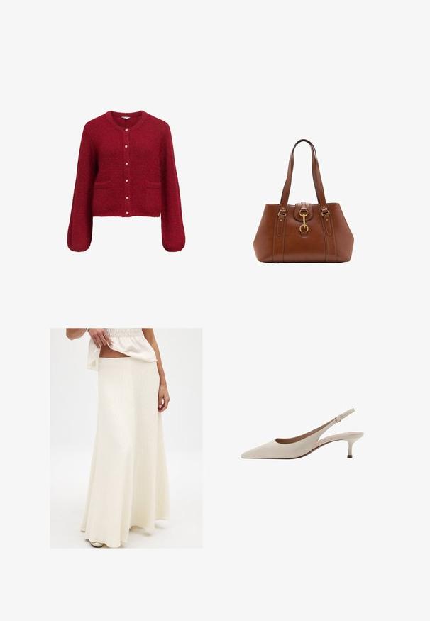 Červený skrátený kardigán s dlhými rukávmi, vyrobený z mäkkého textúrovaného materiálu. Obsahuje zapínanie na gombíky so zlatými akcentmi a dve predné vrecká.; Žltá bavlnená košeľa s špicatým golierom, predným zapínaním na gombíky, dlhými rukávmi a voľným strihom. Hladká textúra a jednoduchý dizajn.; Krémová, dlhá maxi sukňa s textúrovaným povrchom. Má priliehavý pás a voľný siluetu, kombinovaná s voľným, živým topom.; Béžové lodičky na opätku s špicatou špičkou a nízkym rozšíreným opätkom. Vyrobené z hladkej kože s minimalistickým dizajnom a nastaviteľným popruhom.; Hnedá kožená taška s dvojitými popruhmi, zaobleným tvarom, zlatými kovovými doplnkami a centrálnym detailom s prackou. Hladký povrch s prešitými akcentami.