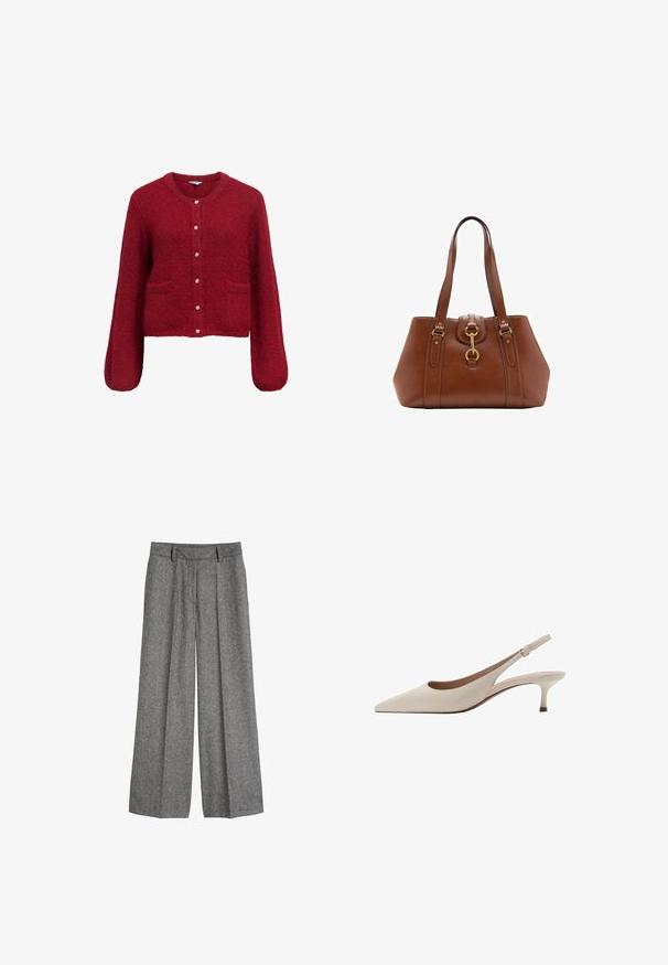 Cardigan rosso, corto, con maniche lunghe, realizzato in un materiale morbido e texture. Caratterizzato da chiusura a bottoni con dettagli dorati e due tasche frontali.; Camicia di cotone gialla con colletto a punta, chiusura frontale con bottoni, maniche lunghe e vestibilità comoda. Tessuto liscio e design semplice.; Pantaloni larghi in lana grigia con passanti per cintura e pinces frontali, progettati per un fit rilassato e sartoriale.; Tacchi slingback beige con punta affusolata e tacco basso a campana. Realizzati in pelle liscia con un design minimalista e cinturino regolabile.; Borsa a mano in pelle marrone con forma strutturata, dettagli in metallo dorato, doppi manici a spalla e una fibbia decorativa al centro.