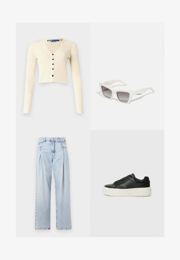 Cremfarbener, gerippter Cardigan mit langen Ärmeln und V-Ausschnitt. Verfügt über eine Knopfverschlüsse mit fünf schwarzen Knöpfen. Cropped-Design.; Weißes Baumwoll-T-Shirt mit kurzen Ärmeln, Rundhalsausschnitt und lockerer Passform. Glatte Textur, keine Muster oder Akzente, minimalistisches Design.; Helle blaue Denim-Jeans mit hoher Taille, weitem Beinschnitt, zwei seitlichen Taschen und gefaltetem Design. Weiche Textur mit einem ausgebleichten Finish.; Schwarze Leder-Sneaker mit abgerundeter Zehenpartie, weißer Plattformsohle und schwarzen Schnürsenkeln. Verfügt über ein dezentes Logo an der Ferse und eine glatte Textur.; Weiße übergroße Sonnenbrille mit matte Finish, kantigem Design, grauen Verlaufsgläsern und subtiler Markenkennzeichnung am Bügel.