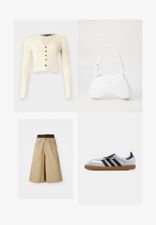 Krema krāsas, ribota džemperi ar garām piedurknēm un V veida izgriezumu. Iekļauj piecu melnu pogu aizdari. Apgriezta dizains.; Brūns garo piedurknu kropts topiņš, izgatavots no gludas materiāla, ar apaļu kakla izgriezumu un pieguļošu dizainu. Nav redzamu rakstu vai akcentu.; Khaki šorti ar platajām kājām un leoparda printa jostu. Iespējamās priekšējās kabatas un pogu aizdare. Gluda, teksturēta auduma.; Baltā ādas kedu ar melnām svītrām un pelēkiem akcentiem, ar noapaļotu purngalu un gumijas zoli. Ar velcro siksnu un auklu aizdari.; Balta rokassoma ar gludu, spīguļojošu virsmu, izliekta forma un viena regulējama siksna. Tam ir uzspriegots logotips priekšpusē.