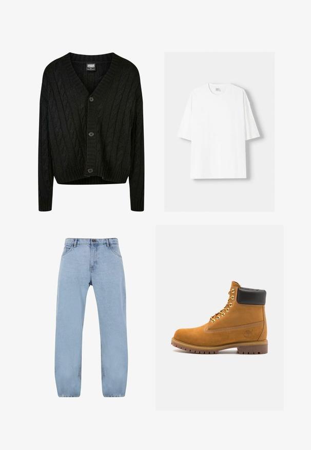 Svart kabelstickad kofta med V-ringning, långa ärmar och fem bruna knappar fram. Har ribbade detaljer och en kortad nederkant.; Vit t-shirt med kort ärm, tillverkad av bomull, med rund halsringning och en avslappnad passform. Slät yta utan synliga mönster eller detaljer.; Ljusblå denimjeans med raka ben, som har fyra fickor, dragkedja och detaljer i guldiga sömmar.; Tan mockasins ankelstövlar med svart vadderad krage, guldmetallöglor, vit sömdekor och slitstöt gummisula med utmärkta mönster.