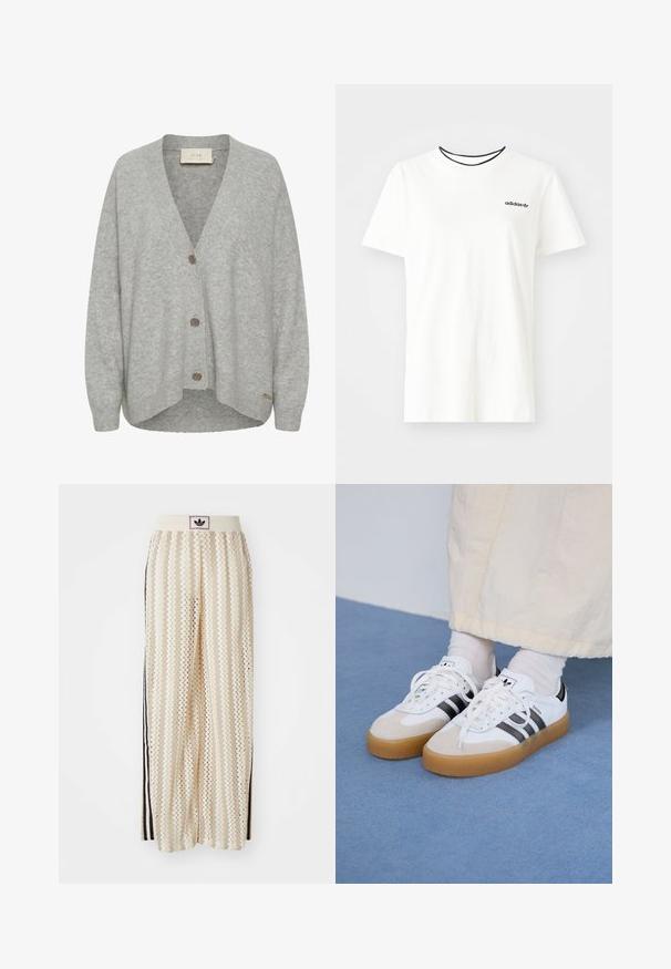 Szürke kardigán puha gyapjúból, V-nyakkal, hosszú ujjal, három elülső gombbal és enyhén ívelt szegéllyel.; Fehér pamut póló rövid ujjakkal és kerek nyakkivágással. A mellkason egy fekete Adidas logó található, valamint kontrasztos fekete belső gallér.; Krém színű, széles szárú nadrág zigzag mintával, fekete logós derékrésszel és fekete oldalsávokkal. Könnyű, texturált anyag.; Fehér sportcipő fekete csíkokkal és bézs velúr részletekkel. Texturált gumi talppal és lapos fehér fűzőkkel rendelkezik, világos színű zoknival viselve.