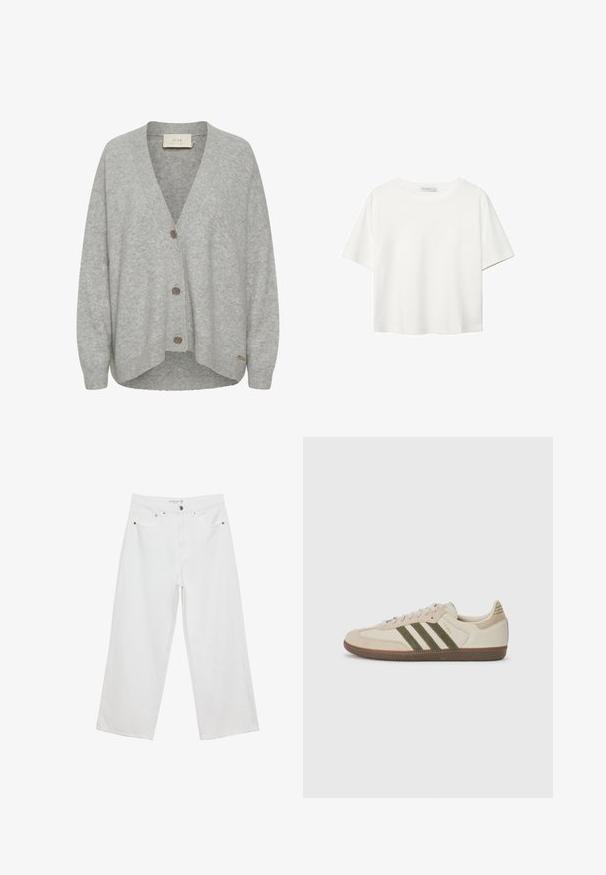 Cardigan grigio realizzato in morbida lana, con scollo a V, maniche lunghe e tre bottoni frontali, con orlo leggermente curvato.; T-shirt bianco a maniche corte realizzato in cotone. Presenta un collo tondo e una vestibilità rilassata. Texture liscia senza motivi o dettagli visibili.; Jeans bianchi a gamba larga realizzati in denim con vita alta, dotati di cinque tasche e dettagli in metallo. Texture liscia, senza motivi visibili.; adidas Originals SAMBA OG UNISEX - Sneakers basse - alumina/medium dark khaki/gum