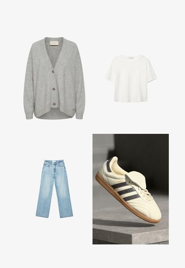 Cardigan grigio realizzato in morbida lana, con scollo a V, maniche lunghe e tre bottoni frontali, con orlo leggermente curvato.; T-shirt bianco a maniche corte realizzato in cotone. Presenta un collo tondo e una vestibilità rilassata. Texture liscia senza motivi o dettagli visibili.; Jeans larghi in denim blu chiaro a vita alta, caratterizzati da un lavaggio sbiadito e da piccoli dettagli strappati sparsi.; Sneaker in pelle crema con tre strisce scure, suola in gomma marrone e punta arrotondata. Presenta una linguetta pieghevole etichettata "SAMBA".