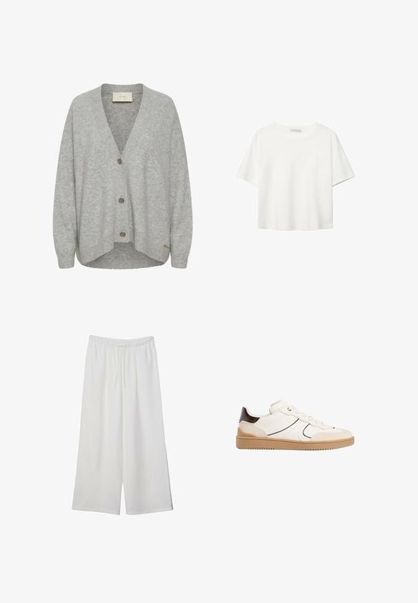 Cardigan grigio realizzato in morbida lana, con scollo a V, maniche lunghe e tre bottoni frontali, con orlo leggermente curvato.; T-shirt bianco a maniche corte realizzato in cotone. Presenta un collo tondo e una vestibilità rilassata. Texture liscia senza motivi o dettagli visibili.; Pantaloni bianchi a gamba larga realizzati in tessuto leggero, dotati di una vita elastica e di un cordino per una vestibilità regolabile. Texture liscia.; Stradivarius Sneakers basse - white