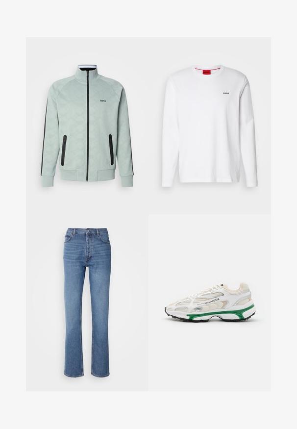 Világoszöld, cipzáras dzseki texturált geometrikus mintával, fekete cipzárral és oldalsó zsebekkel, bordás mandzsettákkal és gallérral. A mellkason a "BOSS" logó látható.; Fehér, hosszú ujjú pamut póló, kerek nyakkivágással, bal mellrészen fekete "HUGO" logóval és sima textúrával.; Kék farmernadrág magas derékkal, egyenes szabású dizájnnal és enyhe kopással. Jellemzője az klasszikus öt zsebes kialakítás és cipzáras zárás.; Fehér sneaker zöld részletekkel és fekete gumitalppal. Háló és szintetikus panelek találhatók rajta, texturált felülettel és látható varrással.