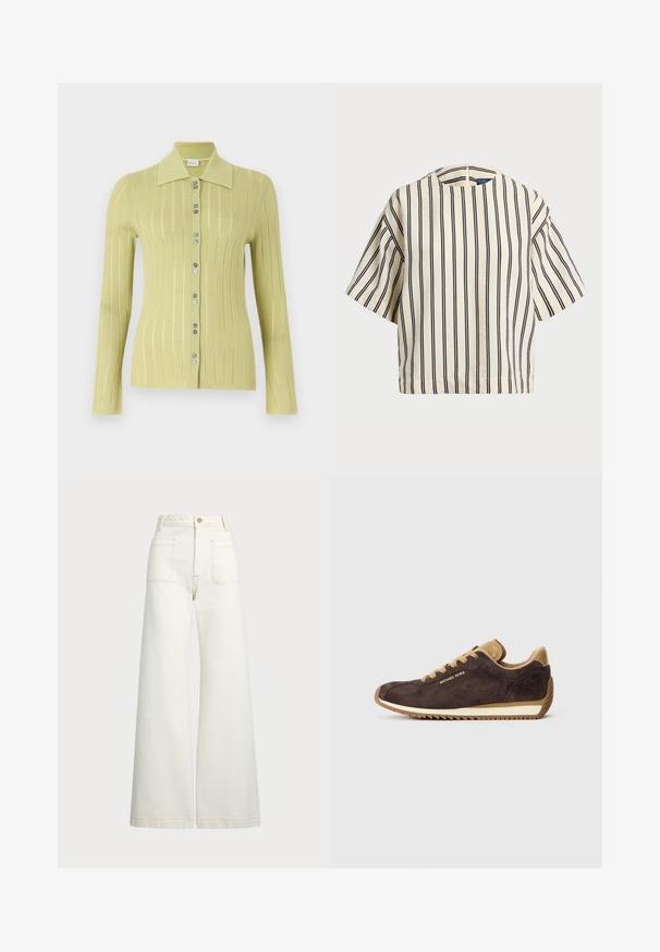 Dolga majica z dolgimi rokavi, svetlo zelena rebrasta cardigan s ovratnikom in sprednjim zapenjanjem na gumbe. Ima šest okroglih srebrnih gumbov in prilegajoč silhueto.; Kratek rokav, prugast top v kremni in mornarsko modri barvi, z okroglim izrezom in kvadratnim dizajnom ter teksturirano tkanino.; Široke jeans hlače v off-white denim tkanini. Visok pas z gumbnim zapiranjem, dvema sprednjima žepoma in detajli kontrastnega šivanja.; Rjave športne copate iz nubuk usnja z naravnimi usnjenimi poudarki, imajo okrogle vezalke, bež gumijast podplat in logotip "Michael Kors" na zunanji strani.