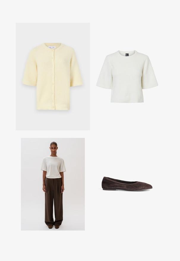 Korte mouwen gele cardigan van ribbelstructuur met een ronde halslijn en knoopsluiting aan de voorkant.; Witte, korte mouwen top met een gestructureerd, geribbeld patroon en een ronde halslijn. Gemaakt van een zachte stof. Cropped lengte.; Romantisch witte relaxed-fit t-shirt met korte mouwen, gecombineerd met hooggepaste, wijde bruine broeken. Eenvoudig ontwerp, gladde texturen.; Bruine suède balletschoenen met een spitsneus en een laag profiel. Kenmerkt zich door een gladde textuur en een minimalistisch ontwerp. Geen zichtbare hardware of accenten.