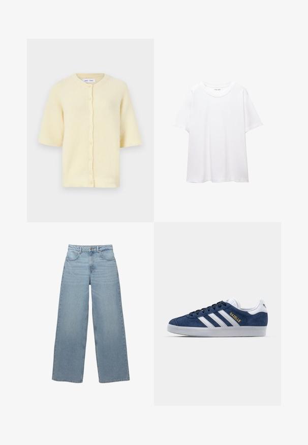 Kurze, gelbe Strickjacke aus geripptem Material mit Rundhalsausschnitt und Knopfverschluss vorne.; Ein schlichtes, weißes T-Shirt aus Baumwolle mit rundem Halsausschnitt, kurzen Ärmeln und lockerer Passform. Glatte Textur ohne Muster oder Akzente.; Hellblaue weit geschnittene Jeans aus Baumwoll-Denim, mit fünf Taschen, einem vorderen Knopfverschluss und minimalen Fransen am Saum.; Marineblaue Wildleder-Sneaker mit weißen Lederakzenten, drei weißen Streifen und goldenen 2 "Gazelle"-Logo. Runde Gummisohle, low-top Design.