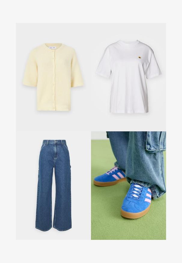 Kurze, gelbe Strickjacke aus geripptem Material mit Rundhalsausschnitt und Knopfverschluss vorne.; Weißes Baumwoll-T-Shirt mit lockerem Schnitt, kurzen Ärmeln und einem kleinen gestickten Logo auf der linken Brustseite.; Weite blaue Denim-Hosen mit hoher Taille, kontrastierenden Nähten und Seitentaschen, ausgestattet mit einem klassischen Five-Pocket-Design und rohen Säumen.; Blaue Wildlederschuhe mit rosa Streifen und weißen Schnürsenkeln, ausgestattet mit einer Gummisohle, kombiniert mit lockeren Jeanshosen auf einer grünen Fläche.