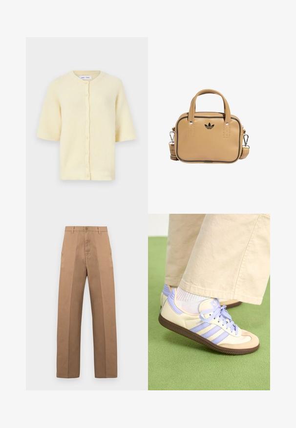Short-sleeve yellow cardigan made of ribbed texture with a round neckline and button closure down the front.; Beige cotton t-shirt with a relaxed fit, crew neck, short sleeves, and a small square logo patch on the left chest area.; Brown cotton trousers with a straight leg design, featuring a button closure, belt loops, and minimal seams for a clean look.; Cream and lavender sneakers with three stripes and a textured brown sole, featuring laces and a padded heel. Soft fabric upper.; Tan vegan leather bag with two handles, detachable shoulder strap, black accent stitching, and a small black logo on the front.