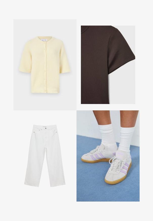 Kurze, gelbe Strickjacke aus geripptem Material mit Rundhalsausschnitt und Knopfverschluss vorne.; Dunkelbraunes Kurzarm-T-Shirt aus glattem, dehnbarem Material, mit klassischem Rundhalsausschnitt und sauberen Nähdetails.; Weiße Jeans im weit geschnittenen Design aus Denim mit hoher Taille, ausgestattet mit fünf Taschen und Metallbeschlägen. Glatte Textur, keine sichtbaren Muster.; Helle graue Wildledersneaker mit drei lila Streifen, Gummisohle, flachen Schnürsenkeln und weißen gerippten Socken. Vor einem blauen Hintergrund.
