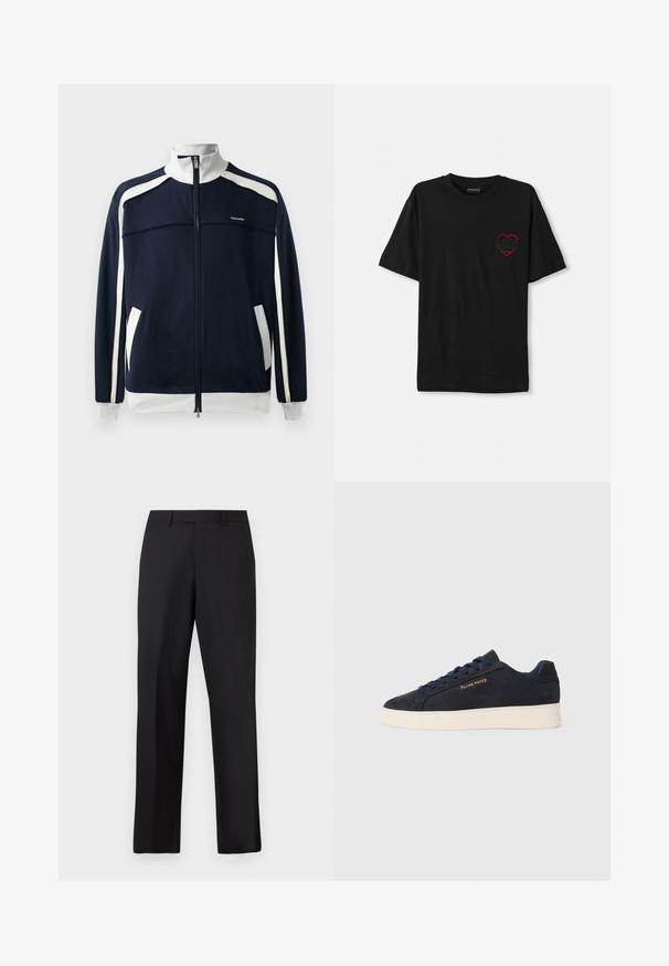 Navy zip-up sports jacket with white accents, ribbed collar and cuffs, two side pockets, and a small logo on the chest. Smooth fabric texture.; Black cotton t-shirt with short sleeves, featuring a red embroidered heart design on the left chest. Classic crew neckline, relaxed fit.; Black, straight-leg trousers made of smooth fabric. Features a standard waistband and no visible patterns or accents.; Navy blue suede low-top sneaker with white sole, navy laces, and "Filling Pieces" logo in gold on the side.