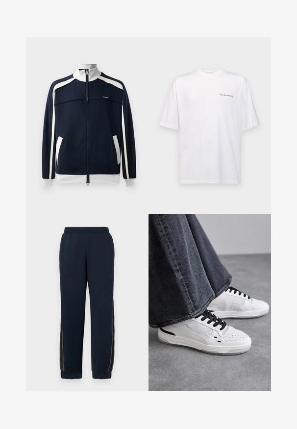 Giacca sportiva navy con zip, dettagli bianchi, colletto e polsini a coste, due tasche laterali e un piccolo logo sul petto. Tessuto dalla consistenza liscia.; T-shirt bianco a maniche corte in cotone con scollatura a V, caratterizzato da un logo nero "FILLING PIECES" stampato sul lato sinistro.; Pantaloni da tuta navy con una texture morbida, polsini affusolati e pannelli laterali in rete. Vita elasticizzata per comfort e vestibilità informale.; Sneakers bianchi con lacci neri e dettagli in rete. Presentano una tomaia in pelle liscia e una suola in gomma testurizzata. Abbinate a jeans grigi a gamba larga.