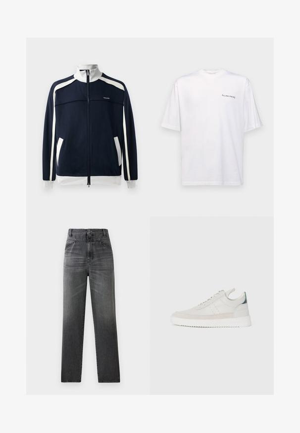 Námornícka športová bunda na zips s bielymi akcentmi, rebrovaným golierom a manžetami, dvoma bočnými vreckami a malým logom na hrudi. Hladká textúra látky.; Biela krátka rukávová tričko vyrobené z bavlny s výstrihom do V, s čiernym logom "FILLING PIECES" potlačeným na ľavej strane.; Tmavohnedé denimové džínsy s vysokým pásom, rovnými nohavicami a vyblednutou textúrou, prednými vreckami a jedným gombíkom na zapínanie.; Biele kožené tenisky s šedými semišovými akcentmi, viazanie, pútko na päte a textúrovaná gumová podrážka s cik-cak vzorom.