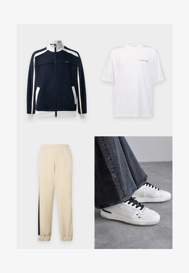 Giacca sportiva navy con zip, dettagli bianchi, colletto e polsini a coste, due tasche laterali e un piccolo logo sul petto. Tessuto dalla consistenza liscia.; T-shirt bianco a maniche corte in cotone con scollatura a V, caratterizzato da un logo nero "FILLING PIECES" stampato sul lato sinistro.; Pantaloni sportivi color crema con strisce laterali nere, vita elastica e polsini a costine. Tessuto morbido con vestibilità rilassata.; Sneakers bianchi con lacci neri e dettagli in rete. Presentano una tomaia in pelle liscia e una suola in gomma testurizzata. Abbinate a jeans grigi a gamba larga.