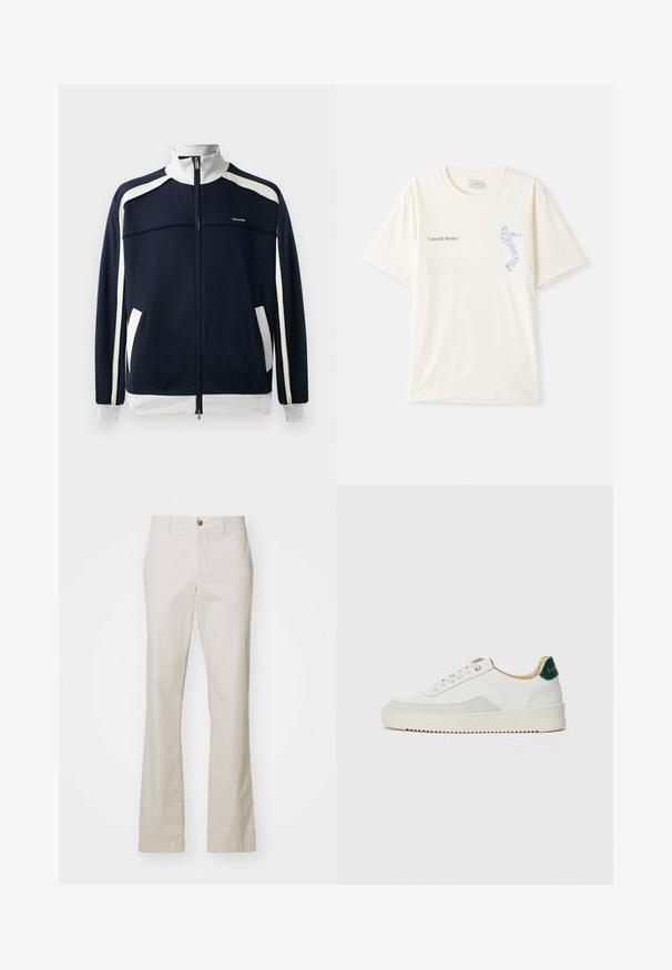 Giacca sportiva navy con zip, dettagli bianchi, colletto e polsini a coste, due tasche laterali e un piccolo logo sul petto. Tessuto dalla consistenza liscia.; T-shirt bianca in cotone con maniche corte, con la scritta "United By Rhythm" in grafica nera e blu sul petto. Design con collo rotondo.; J.LINDEBERG LOIS CLOUD PANTS - Pantaloni - moonbeam; Sneaker bianco con accenti in camoscio, punta rotonda, lacci piatti e suola in gomma crema. Presenta un marchio verde sul tallone.