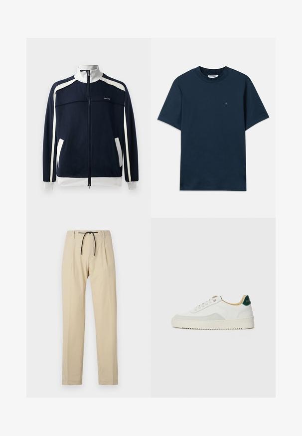 Veste de sport zippée marine avec des accents blancs, col et poignets côtelés, deux poches latérales et un petit logo sur la poitrine. Texture du tissu lisse.; T-shirt en coton bleu marine avec un col rond, des manches courtes et un logo discret imprimé sur la poitrine. Texture lisse et coupe classique.; Pantalon beige à coupe droite, avec une taille à cordon de serrage, un devant plissé et une texture lisse. Design simple et polyvalent.; Baskets blanches avec des accents en daim, bout arrondi, lacets plats et semelle en caoutchouc crème. Présente une marque verte sur le talon.