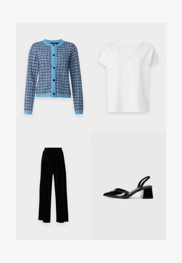 Vero Moda VMTILLY CARDIGAN  - Casaco de malha - pacific coast; Camisa de linho branca com um corte descontraído, mangas curtas e um design em V. Apresenta uma superfície levemente texturizada e fendas laterais para facilitar os movimentos.; Calças largas pretas feitas de veludo suave, com um cós elástico e uma textura lisa, sem detalhes ou padrões visíveis.; Sandy em verniz preto com salto slingback, ponta afilada e salto geométrico. Apresenta um design elegante e minimalista com textura suave.
