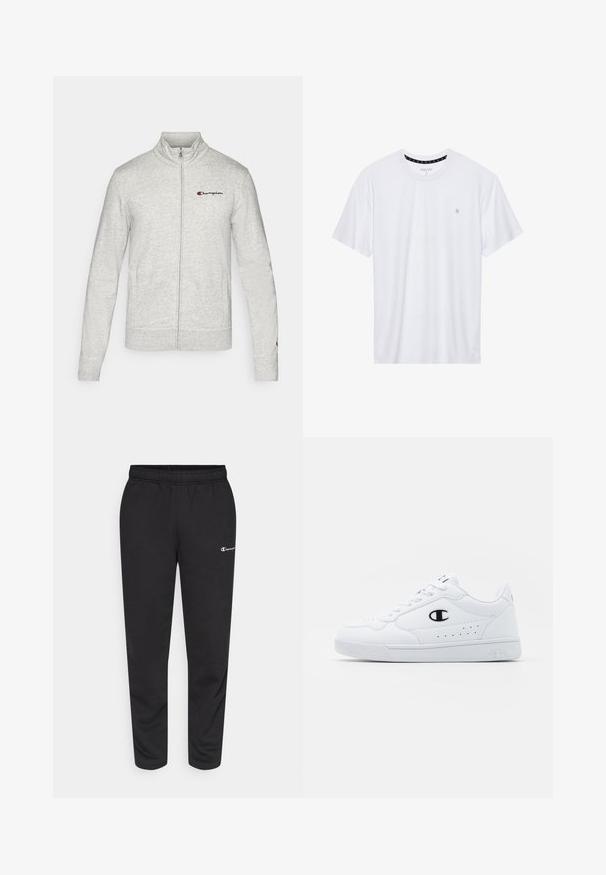 Light gray zip-up sweatshirt made of soft fabric, featuring a high collar and embroidered "Champion" logo on the left chest.; White crewneck t-shirt made of cotton, featuring short sleeves and a small logo embroidered on the left chest area. Soft texture.; Black sweatpants made of cotton blend, featuring an elastic waistband and a small white logo on the left side. Tapered leg design.; White athletic sneakers with a smooth synthetic upper, black logo accent, and perforated detailing on the side. Rubber sole.