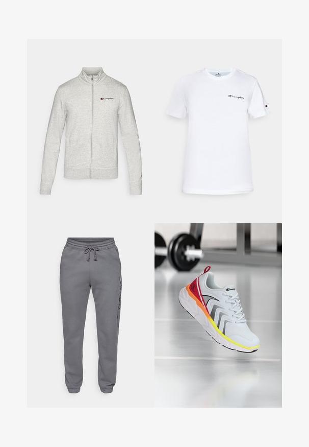 Svijetlosiva dukserica na zatvaranje s rajsferšlusom, izrađena od mekanog materijala, s visokim ovratnikom i izvezenim "Champion" logotipom na lijevoj strani prsnog koša.; Bijela pamučna majica s okruglim izrezom, kratkim rukavima i crnim izvezenim logotipom "Champion" na prsima i na rukavu.; Champion ICONS TONAL CUFF LARGE LOGO - Donji dijelovi trenirke - foggy; Bijela atletska cipela s mrežastim gornjim dijelom, šarenim akcentima u crvenoj, narančastoj i žutoj boji, s teksturiranom potplatom i crnim detaljima.