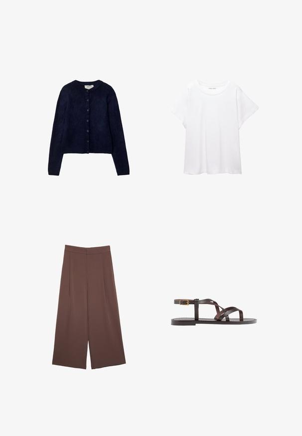 Stradivarius BUTTONED - Kofta - dark blue; Vit t-shirt som är gjord av mjukt, lätt tyg. Har en rund halsringning och korta, vida ärmar med en avslappnad passform. Inga synliga mönster.; Bruna vida byxor med en slät textur, som har hög midja och framfickor. Tyget är lätt och flödar löst.; Bruna lädersandaler med korsade remmar, spänne runt vristen och en platt sula med minimala sömnadsdetaljer.