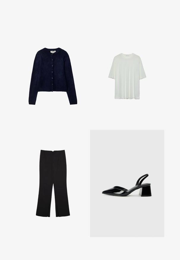 Stradivarius BUTTONED - Cardigan - dark blue; White short-sleeve t-shirt, round neckline, soft cotton blend fabric, relaxed fit, seamless hem, minimalistic design without embellishments.; Black trousers with a straight fit, featuring front pockets and side slits at the hem. Made of soft, smooth fabric. Suitable for various occasions.; Black patent leather slingback heels with a pointed toe and a geometric block heel. Features a sleek, minimal design and smooth texture.