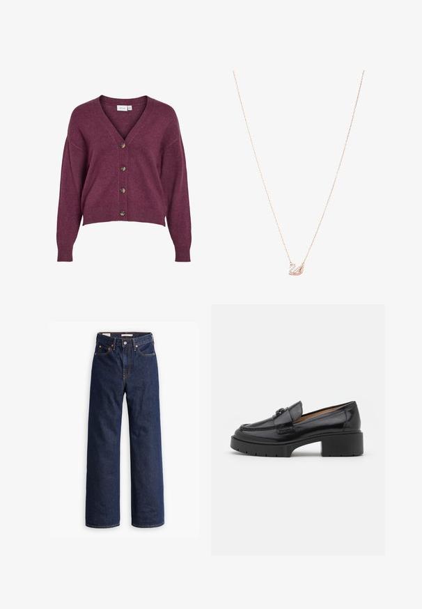 Burgundský zkrácený kardigan s V-čkovým výstřihem, pěti hnědými knoflíky a dlouhými rukávy se žebrovanými manžetami a spodním lemem z měkkého pleteného materiálu.; Světle modrá blůza vyrobená z lesklé látky, s klasickým límcem, zapínáním na knoflíky vpředu, nabíranými rukávy a tiered, volánkovým lemem.; Tmavě modré džíny rovného střihu s pěti kapsami, oranžovým prošíváním a zapínáním na knoflík.; Černé kožené mokasíny s nízkým blokovým podpatkem, zaoblenou špičkou, dekoračním páskem a texturovaným prošíváním na svršku. Hladký povrch.; Náhrdelník z růžového zlata s přívěskem labutě, zdobeným jasnými krystaly. Řetízek má jemný design článků.