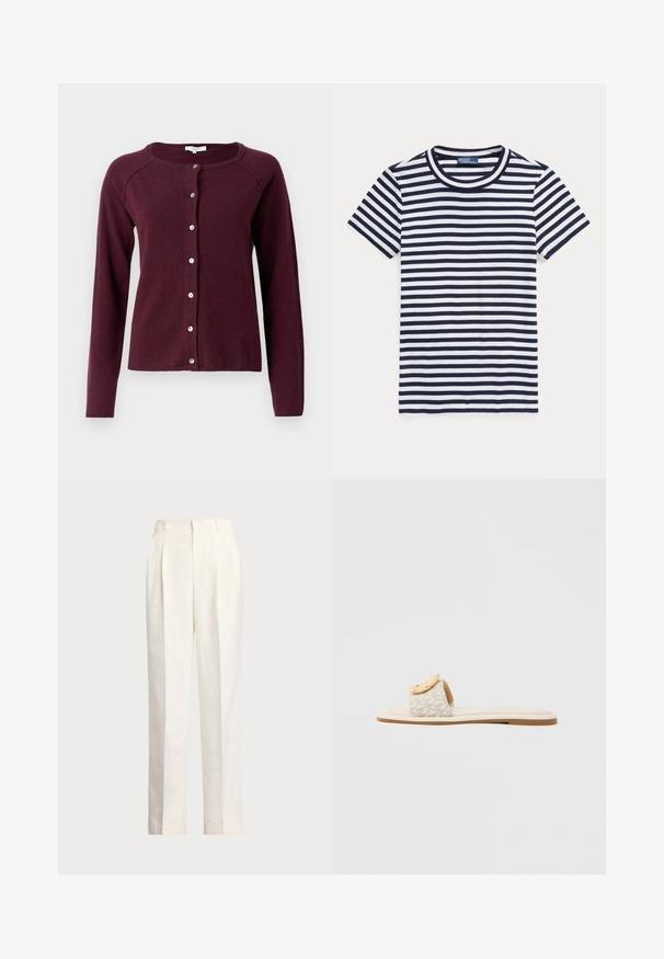 Rosemunde LAICA O NECK CARDIGAN - Casaco de malha - winetasting; T-shirt à riscas em azul marinho e branco, mangas curtas, decote redondo, material em algodão, apresenta riscas horizontais igualmente espaçadas.; Polo Ralph Lauren HEMP WIDE LEG PANT - Calças - nevis; Sandália tipo slide com uma tira bege com padrão geométrico, um detalhe arredondado amarelo na parte superior e uma sola plana e clara.