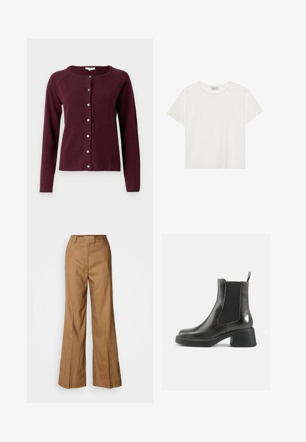 Rosemunde LAICA O NECK CARDIGAN - Jopica - winetasting; Bela kratkotrajna majica s kratkimi rokavi, narejena iz mehke bombažne tkanine. Ima okroglo ovratnico in sproščen kroj. Čist dizajn brez vidnih vzorcev ali akcentov.; Rjave široke hlače iz lahkega materiala. Imajo ravno sprednjo stran, zanke za pas in kroj, ki je prilagojen postavi, z dolžino do gležnjev.; Črne usnjene gležnjarje z gladko površino, elastičnimi stranskimi paneli in masivnim petami. Imajo praktično zanko za lažje obuvanje.