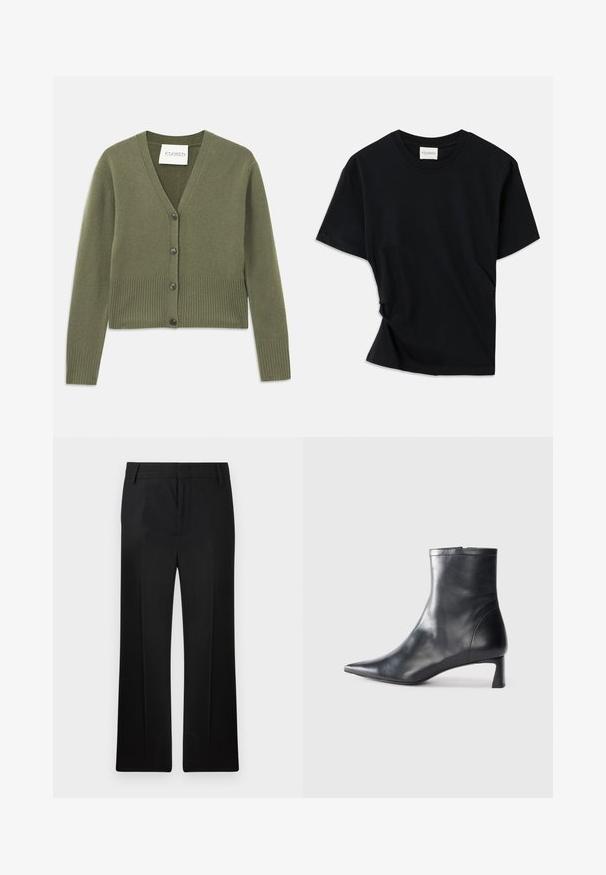 Olive green knitted cardigan with a deep V-neck, ribbed cuffs and hem, and five black buttons down the front. Soft texture and cropped design.; Black t-shirt made of soft cotton, featuring a crew neckline, short sleeves, and a slightly twisted design for a relaxed fit.; Black trousers, straight leg design, made of smooth fabric. Features subtle front creases and a flat waistband with belt loops.; Black leather ankle boot with a pointed toe and a sleek design. Features a low heel and a zipper closure at the back. Smooth texture.