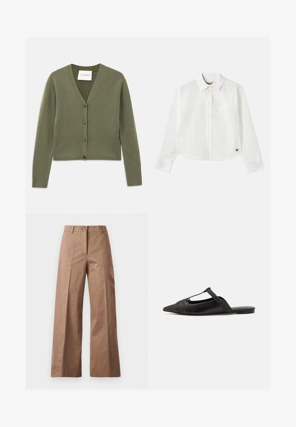 Cardigan tricotado verde-oliva com um decote em V profundo, punhos e bainha canelados, e cinco botões pretos à frente. Textura macia e design cropped.; Camisa branca de manga longa cropped em algodão. Apresenta fecho com botões na frente, um bolso no peito e um pequeno logotipo preto no canto inferior esquerdo.; Calças largas castanhas feitas de um tecido suave, com fecho frontal por botão, dois bolsos frontais e linhas limpas e ajustadas.; Sapatilha slingback em couro preto com bico pontudo, apresentando um detalhe trançado e um design superior plissado. Sola plana com hardware mínimo.