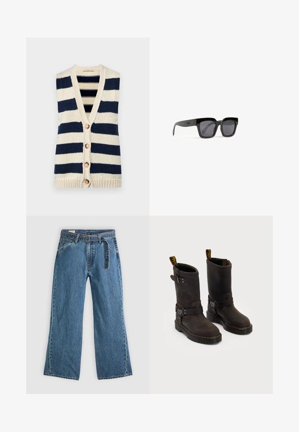 Cardigan senza maniche lavorato a maglia con strisce orizzontali blu navy e crema. Presenta un collo a V, cinque bottoni in legno e bordi a costine.; T-shirt verde in cotone a maniche corte, con logo ricamato tonale "Levi Strauss & Co." sul davanti e design classico a girocollo.; Jeans in denim blu con gamba larga, cintura attaccata, tasche laterali e cuciture visibili su uno sfondo chiaro e uniforme.; Stivali in pelle marrone scuro con design a metà polpaccio, cuciture gialle, cinturini con fibbia regolabile e maniglie nella parte superiore. Finitura texture.; Occhiali da sole rettangolari neri con lenti scure, montatura spessa e lucida, e un logo discreto sul lato. Adatti a diverse forme del viso.