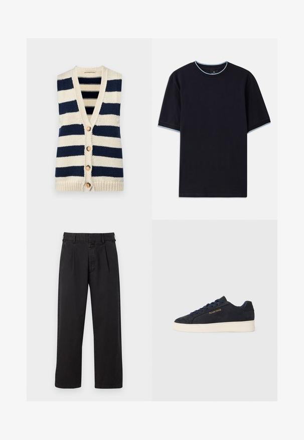 Kootud ilma varrukateta kardigan, millel on tumesinised ja kreemjad horisontaalsed triibud. Omab V-kaela, viit puitnuppu ja soonikkoesääriseid.; Tume sinine lühikese varrukaga t-särk ümmarguse kaelusega, millel on helesinised aktsendid kaeluse ja varrukate ümber. Valmistatud pehmest puuvillast kangast.; Mustad puuvillased püksid, sirge lõikega, pleated esiosaga, vöökonksude ja nööbilukuga. Sile tekstuur ilma mustriteta.; Tumedat sinine seemisnahast madala profiiliga tennis, valge tossutald, tumesinised paelad ning küljes kuldne "Filling Pieces" logo.