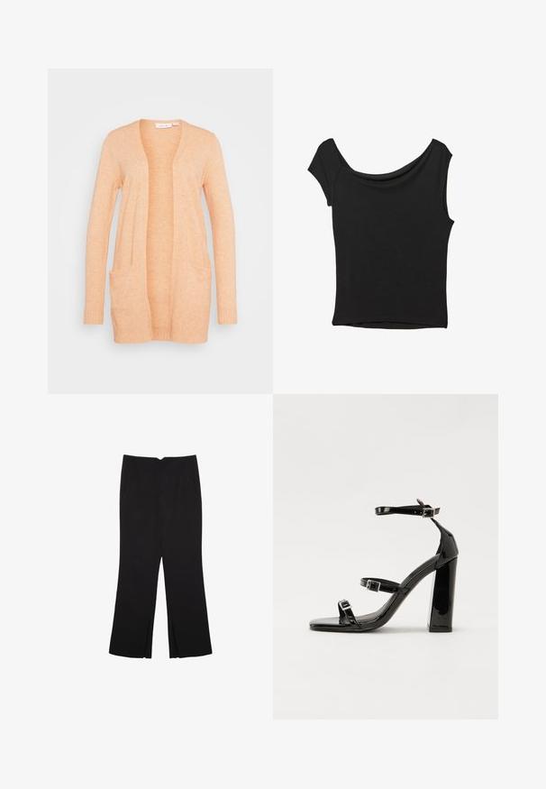 VILA VIRIL OPEN - Jopica - shell coral light melange; Črna kratka majica s kratkimi rokavi iz gladkega blaga; ima drapiran izrez in asimetrično spodnjo rob, s prilegnjenim telesom.; Črne hlače ravnega kroja z naglavnimi žepi in stranskimi razporki na robu. Narejene iz mehke, gladke tkanine. Primerne za različne priložnosti.; Črne lakirane sandale s peto, kvadratnim prstom, trakovi okrog gležnja in srebrnimi zaponkami. Opremljene so s stabilno Debelo peto.